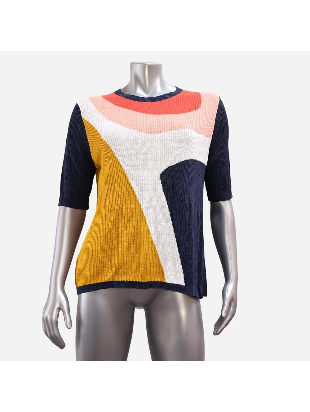 Ann Taylor Short Sleeve Knit Top Womens XL Colorblock Ribbed Sweater